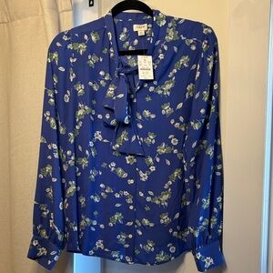 J. Crew Blue Floral Blouse with Tie Neck